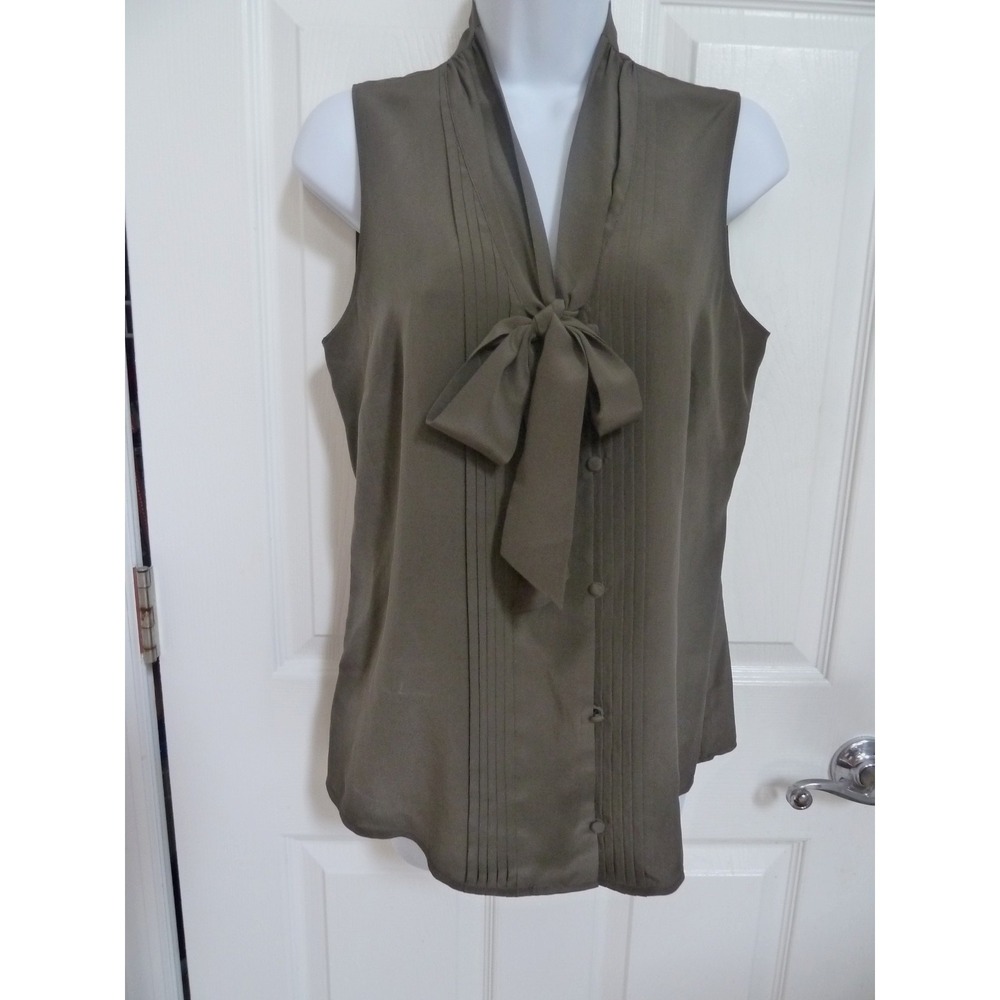 Ann Taylor Silk Blouse Sz 6 Avocado Green Tie Front Pleated Career Sleeveless